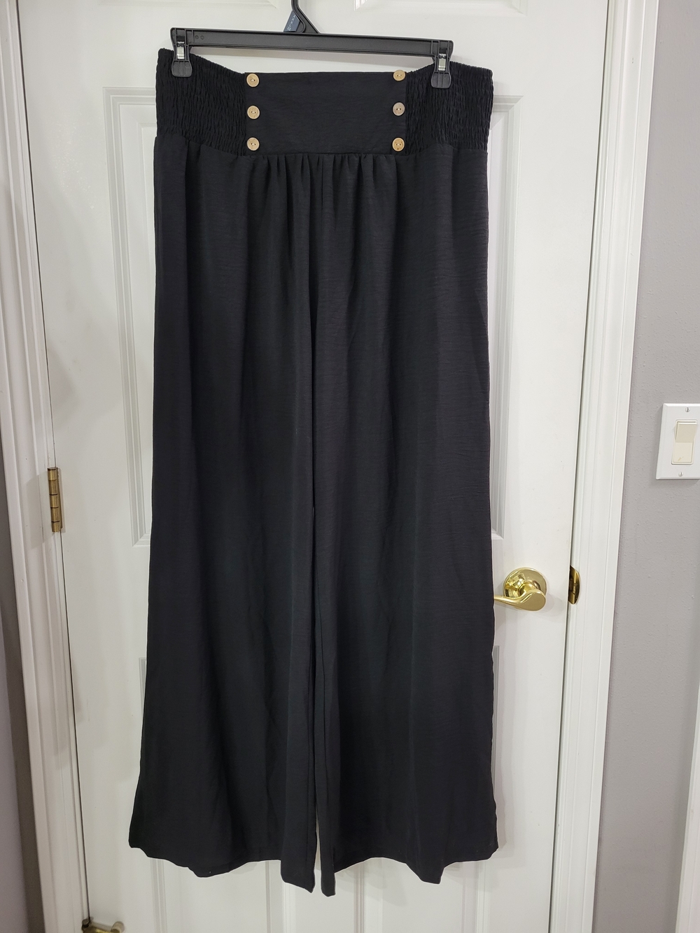 Wide-Leg Black Women's Pants with Smocked Waist and Button Detail
